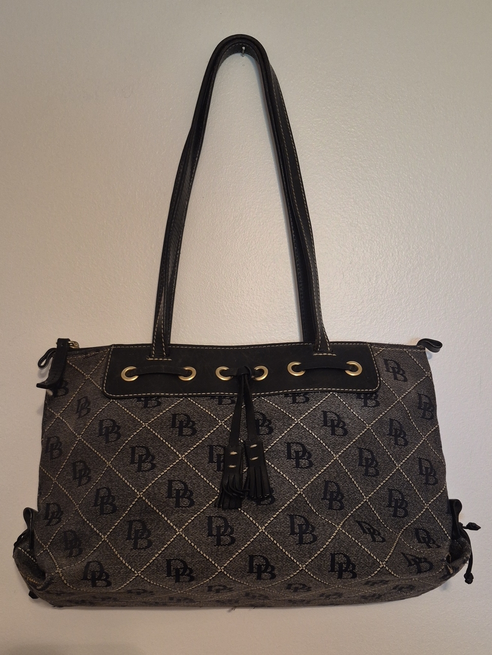 Dooney & Bourke Black Designer-Pattern Tote Bag with Tassel Detail